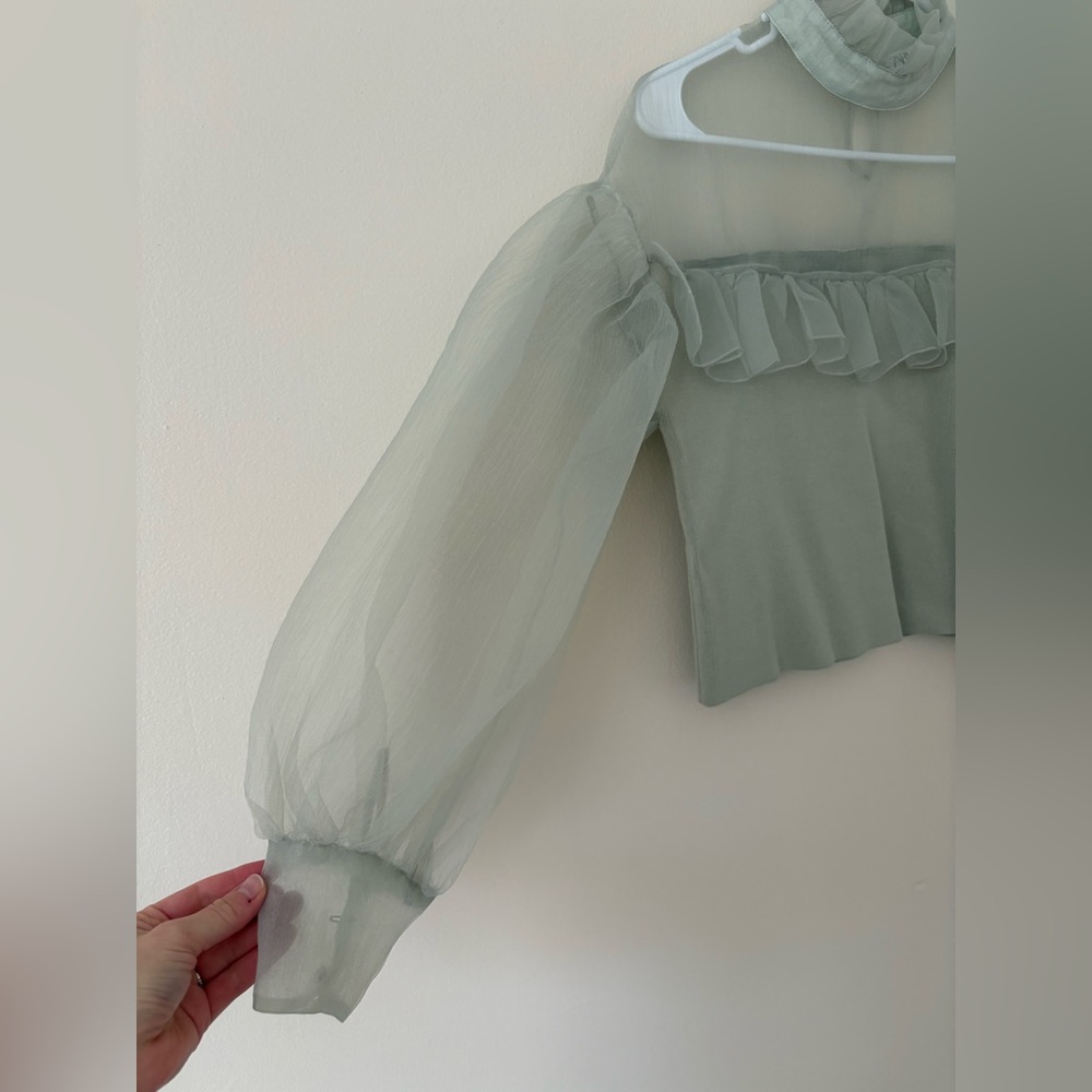 Zara Organza Sheer Ruffle Knit Top in Sea Foam Green Blogger Favorite Size Small - Picture 10 of 16